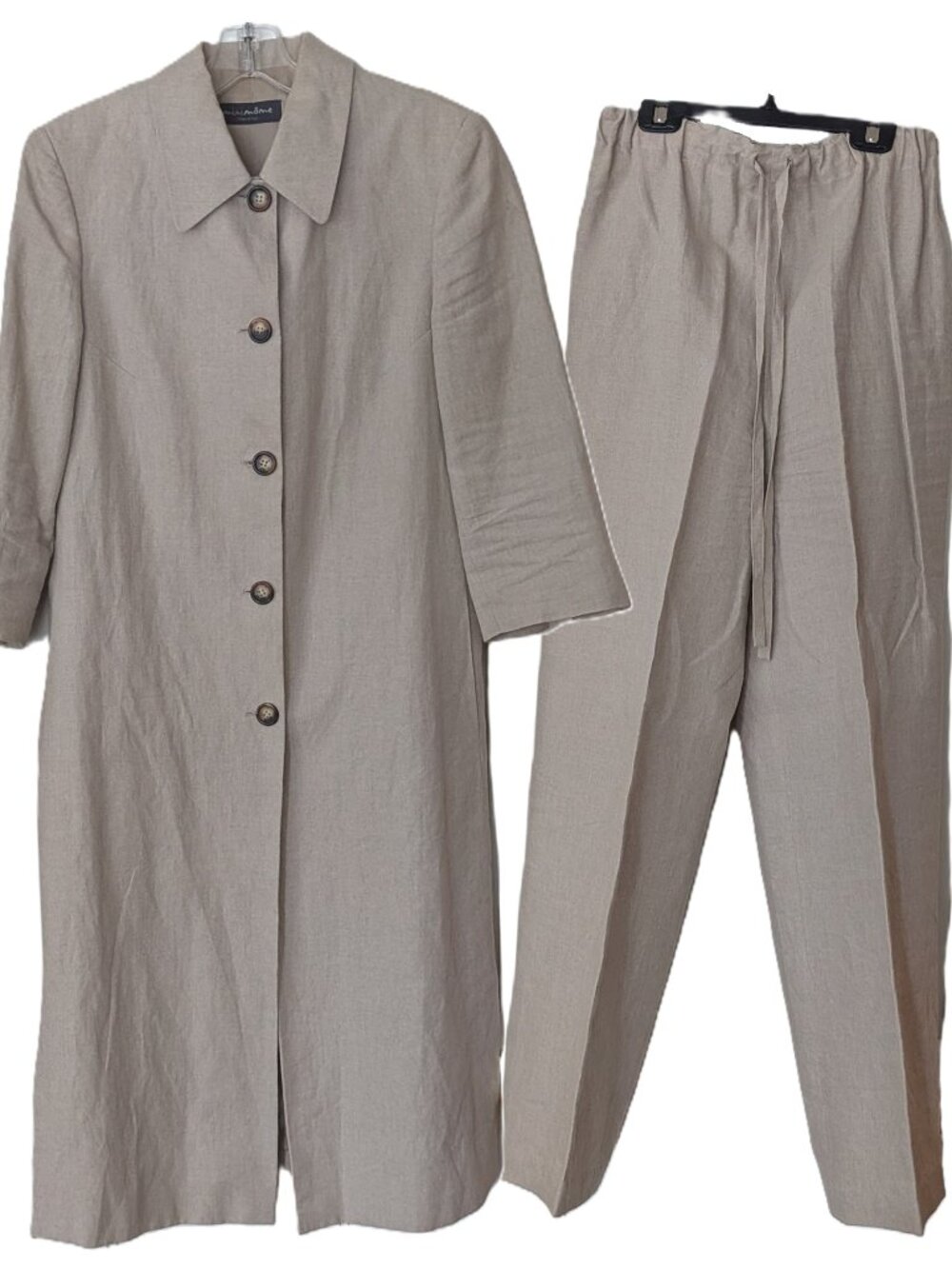 MiniMôme Linen Duster Coat & Drawstring Pants Suit Set Neutral VTG 90s